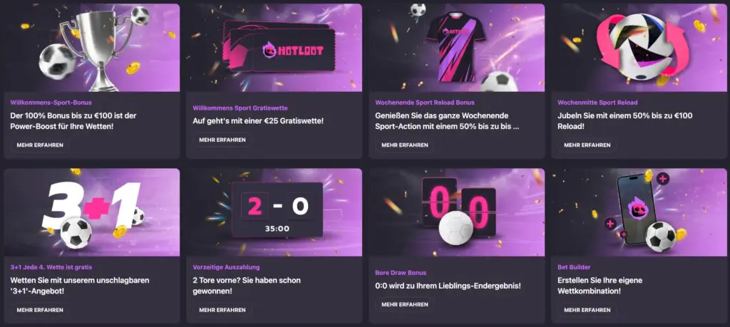 Einige der bei HotLoot Casino verfügbaren Sportboni werden auf ihrer Website angezeigt.