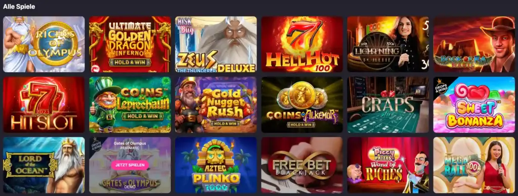 Eine Reihe farbenfroher Spiele, die auf der Website von HotLoot Casino angezeigt werden.