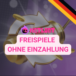 Das rosa HotLoot Casino-Logo mit dem Untertitel „Freispiele ohne Einzahlung” vor einem bunten Hintergrund.