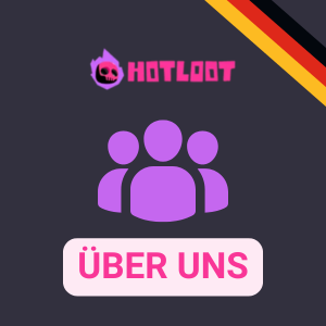 Das rosa HotLoot Casino-Logo mit dem Untertitel „Über uns” und dem Symbol einer Gruppe von Menschen.