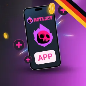 Pinkfarbenes HotLoot Casino-Logo auf einem schwarzen Mobiltelefon, das die Casino-App symbolisiert.