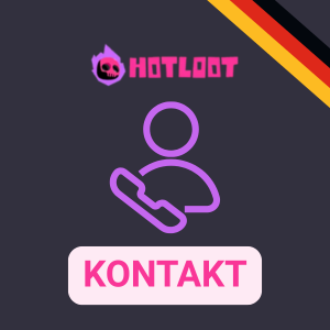 Ein pinkfarbenes HotLoot Casino-Logo mit dem Untertitel „Kontak“.