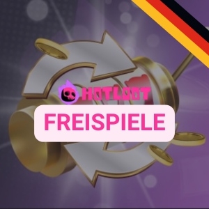 Rosa HotLoot Casino-Logo mit einem darunter drehenden Spielautomaten, der Freispiele symbolisiert
