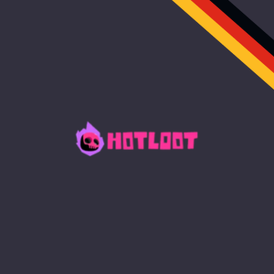 Rosa HotLoot-Casino-Logo auf grauem Hintergrund mit der deutschen Flagge in der Ecke.