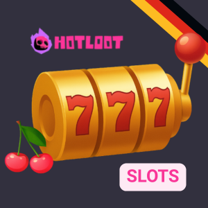 Das rosa HotLoot Casino-Logo zusammen mit einer goldenen Spielautomaten-Illustration.